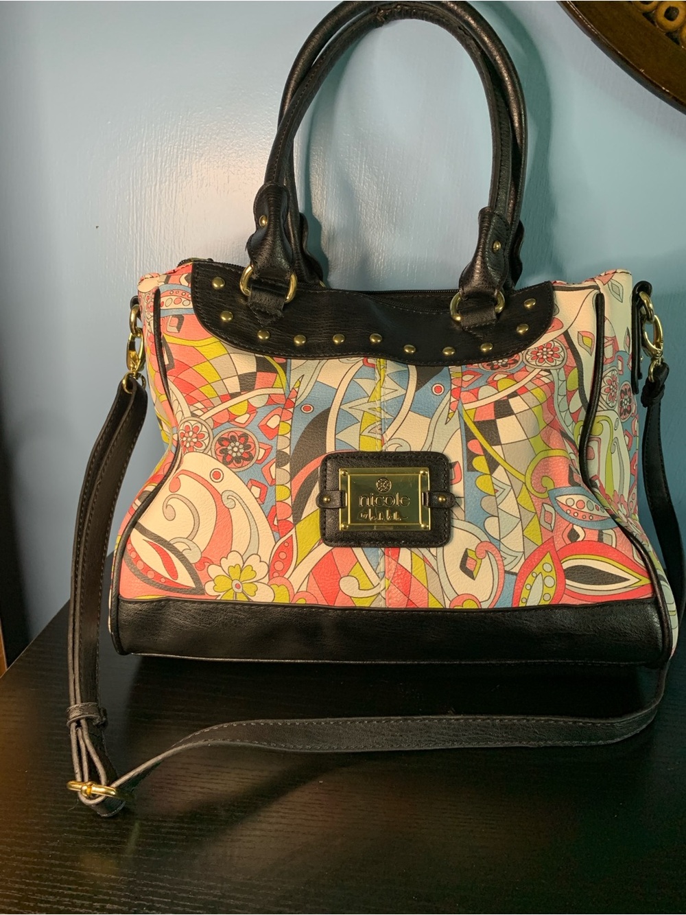 Nicole Miller Multicolor Floral Print Satchel with Black Trim